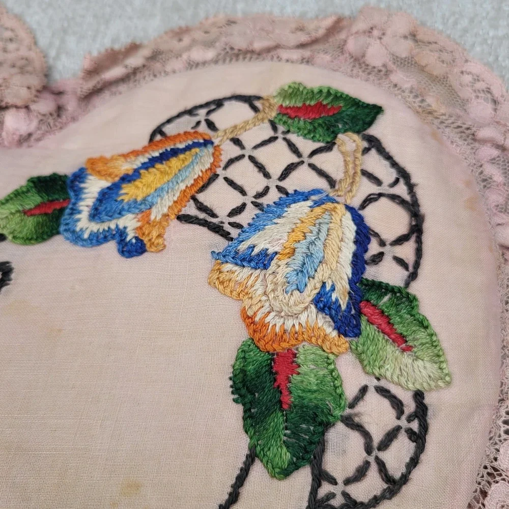 Vintage Embroidered Heart Shaped Pillow Lace 12x12 Shabby‎ Chic Cottagecore